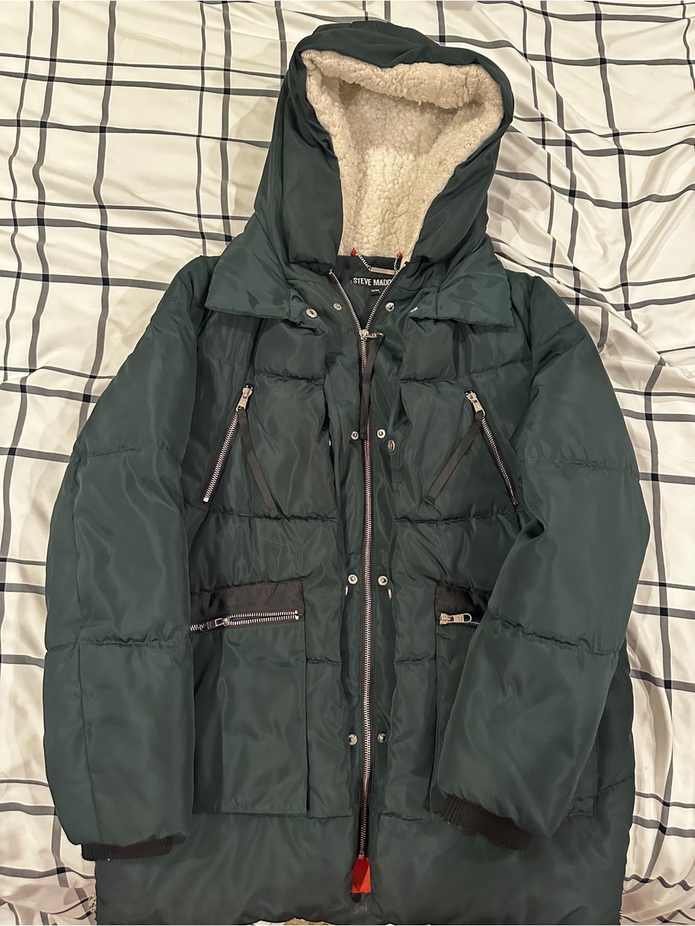 Steve Madden’s Women Dark Green Hooded Puffer Jacket with Sherpa Lining